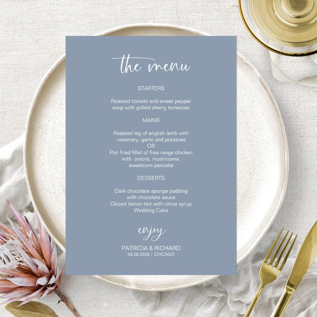 Cartões de menu Elegante Dusty Blue Wedding (Criador carregado)