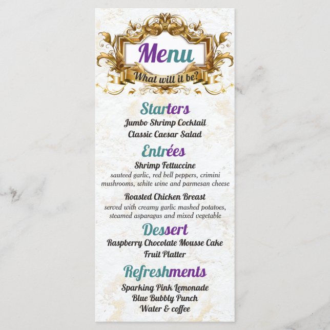 Cartões de menu Elegante roxos e lacrimejantes (Frente)