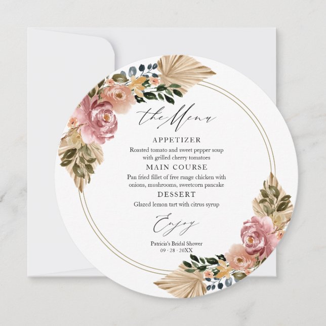 Cartões de Menu em Círculo para Casamento Floral B (Frente)