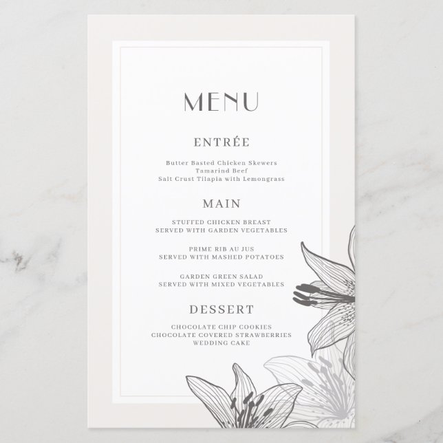Cartões de menu Floral Ilustrados Clássicos (Frente)