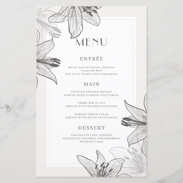 Cartões de menu Floral Ilustrados Clássicos (Frente)