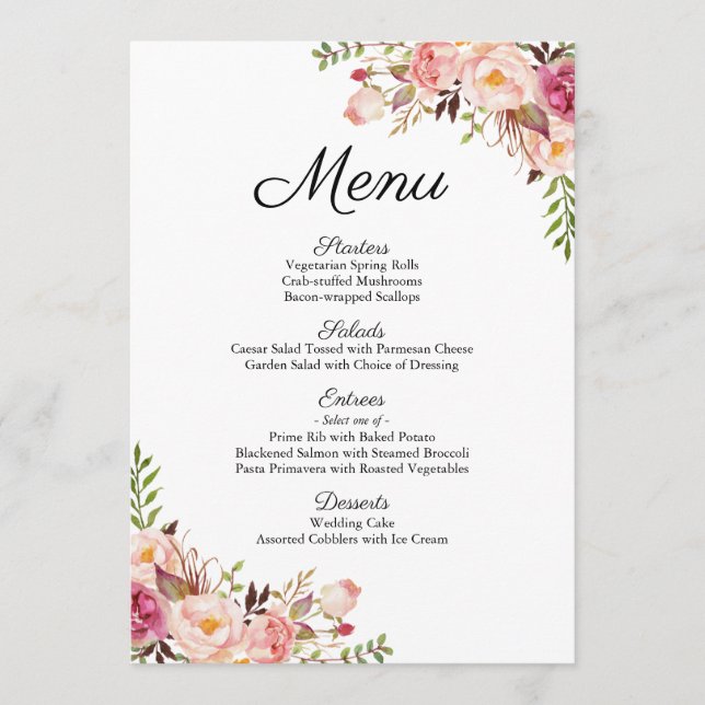 Cartões de Menu Floral Rustic Pink (Frente)