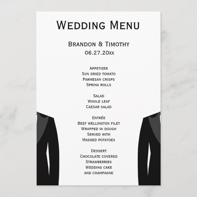 Cartões de menu Gay de casamento preto e branco (Frente)