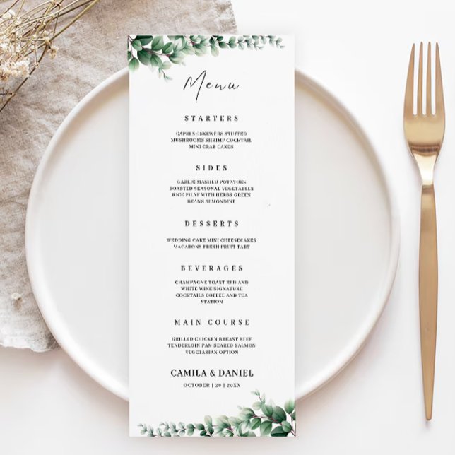 Cartões de Menu Greenery Wedding Modelo (Greenery Wedding Menu Cards Template)