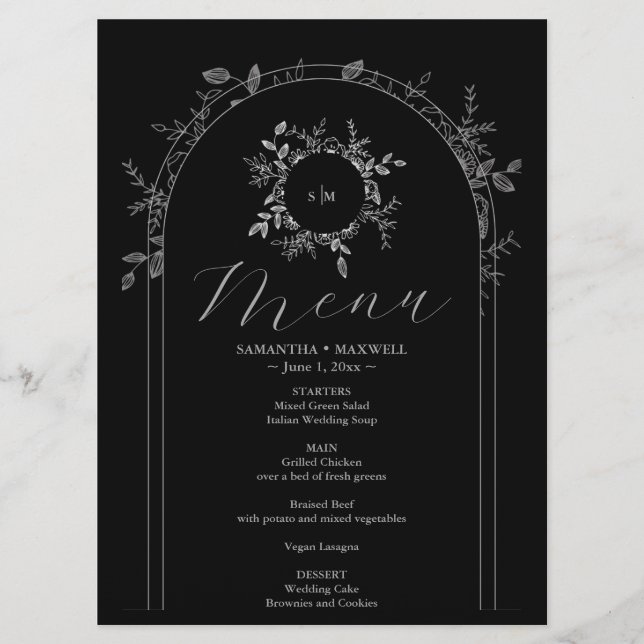 Cartões de Menu Impressos Pretos Luxuosos e Elegan (Frente)