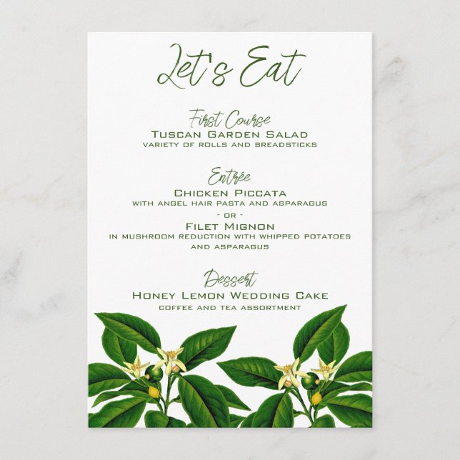 Cartões de menu Lemon Wedding (Frente)