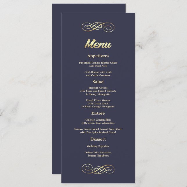 Cartões de menu Marinho azul Dourado de casamento (Frente/Verso)