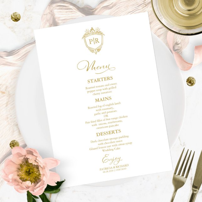 Cartões de Menu Monograma de Casamento Dourado (Criador carregado)