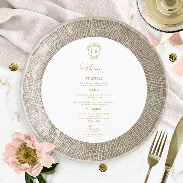 Cartões de Menu Monograma Round Wedding Dourado (Criador carregado)