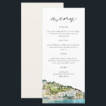 Cartões de menu para casamentos com cores aquática<br><div class="desc">Este menu apresenta uma pintura aquosa da Costa Amalfi emparelhada com uma combinação simples de fontes. Este cardápio é perfeito para o seu casamento ou evento temático de viagem ou aventura italiana.</div>