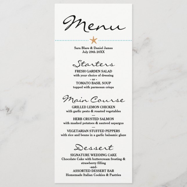 Cartões de menu para praia - Menus para casamento  (Frente)