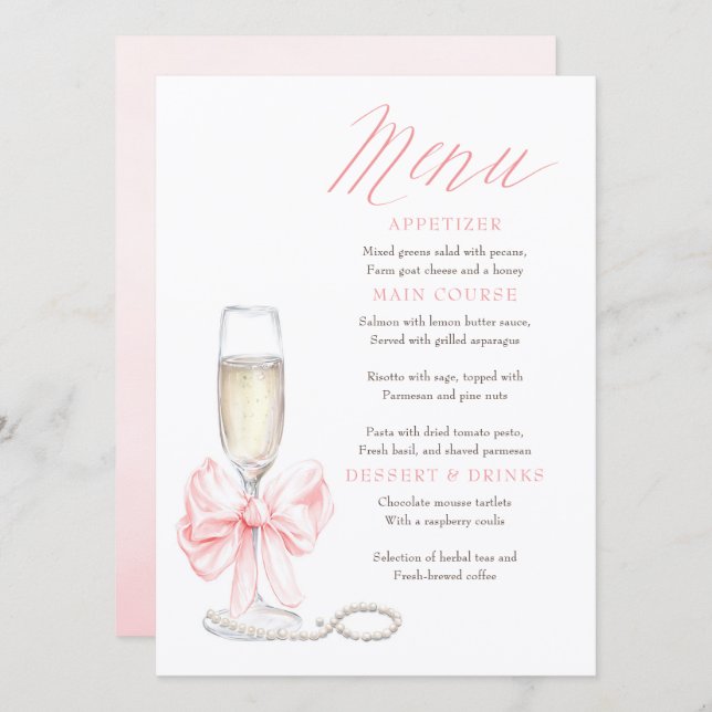 Cartões de Menu Pérolas e Prosecco Capricho Chic (Frente/Verso)