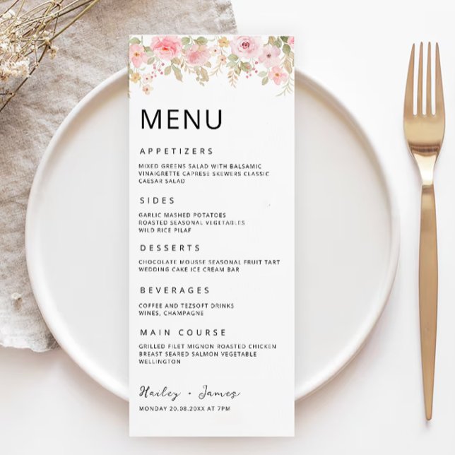 Cartões de menu rosa (Rose Wedding Menu Cards Template)