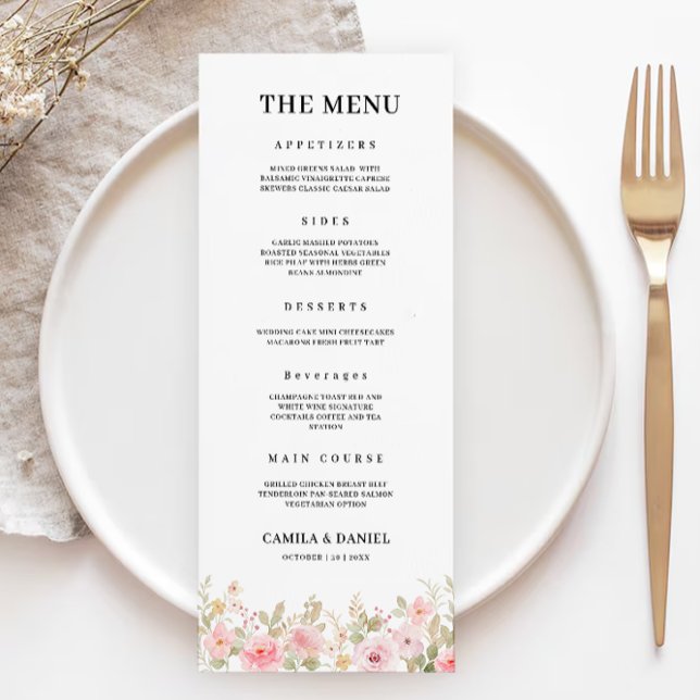 Cartões de menu rosa (Rose Wedding Menu Cards Template)
