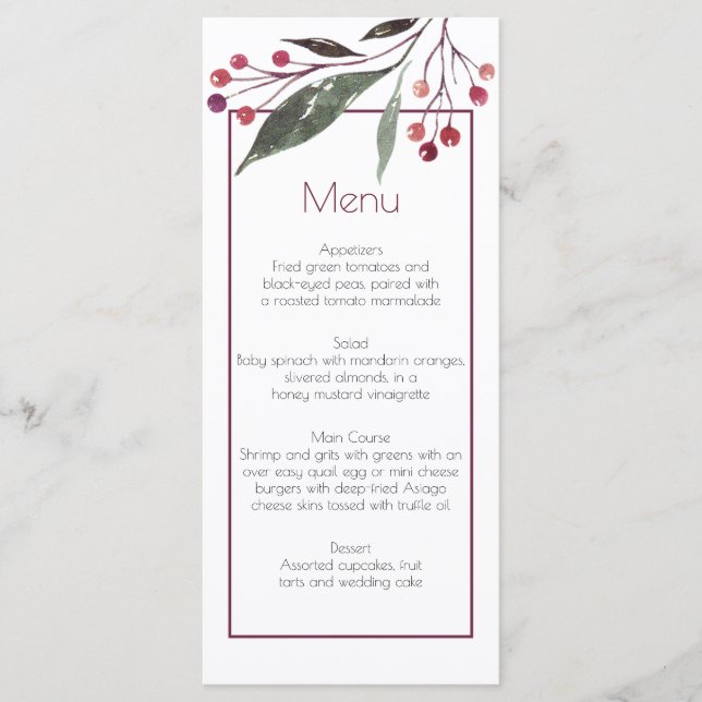 Cartões de menu Rustic Watercolor Burgundy Greener (Frente)