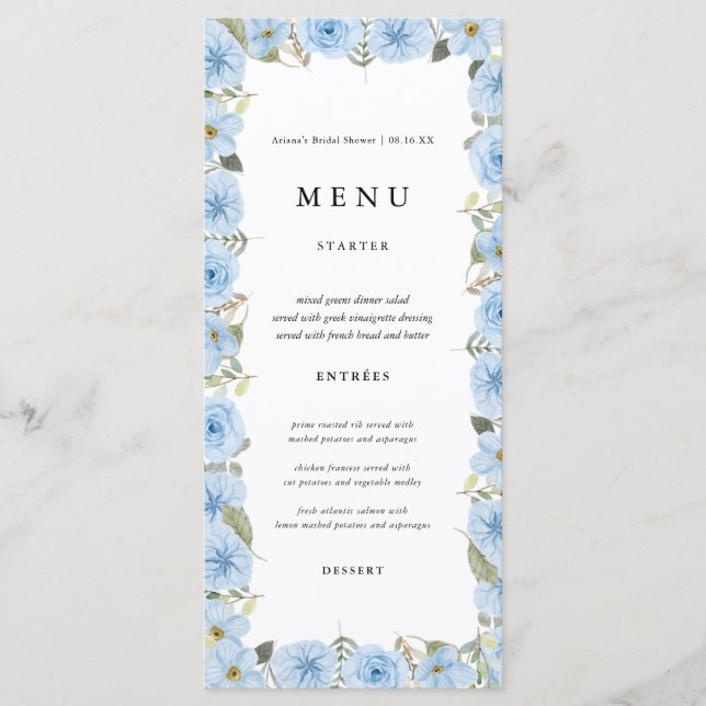 Cartões de menu Vintage Blue Floral (Frente)