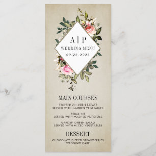 Cartões de menu Vintage Rosa Floral Greenery