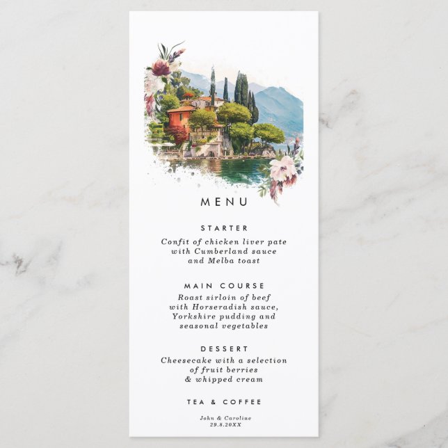 Cartões de menus florais do Lago Como Itália (Frente)