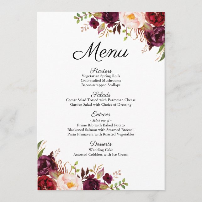 Cartões de Menus para Casamento Floral de Marsala  (Frente)