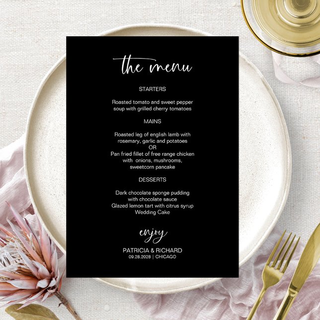 Cartões De Menus Para Casamento Preto E Branco Ele (Criador carregado)