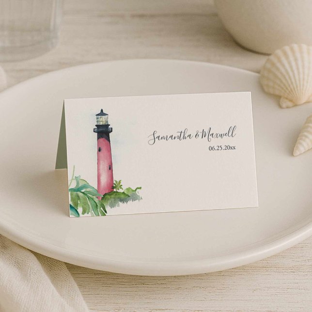Cartões de Mesa de Casamento de Praia de Farol (Beach wedding in Florida features Jupiter lighthouse table seating card art by Victoria Grigaliunas)