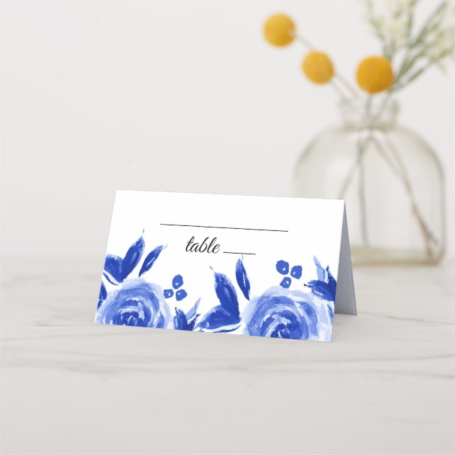 Cartões de Mesa de Casamento Floral Real Azul (Frente)