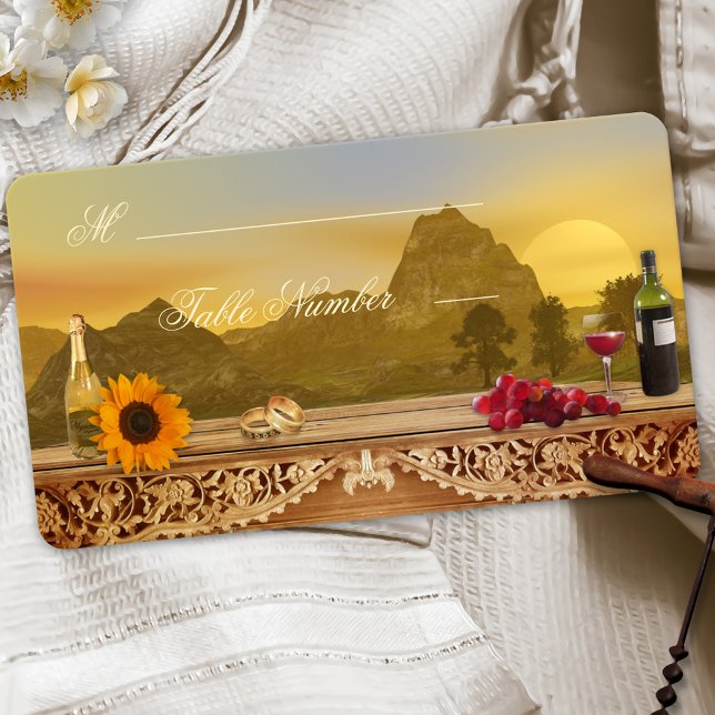 Cartões de Mesa de Casamento outono (Table Place Cards featuring a vintage Tuscan landscape with wine, grapes, a sunflower)