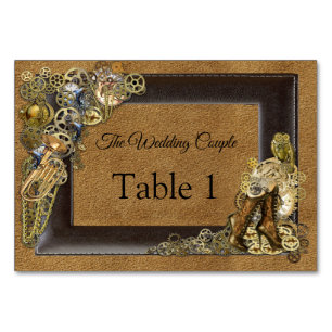 Cartões de mesa de casamento Steampunk em mesa de