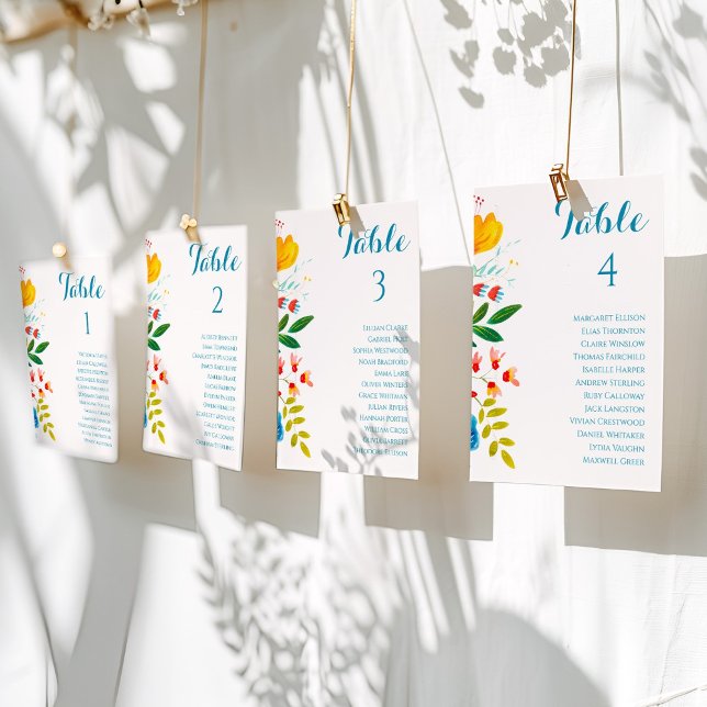 Cartões de Mesa Floral Coloridos (Colorful Floral Wedding Table Seating Chart Cards)