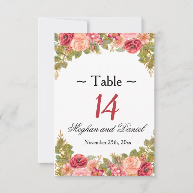Cartões de Mesa para Recepção de Casamento com Ros (Frente)