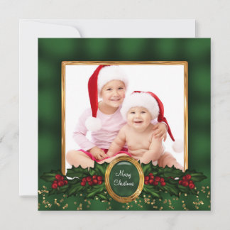 Cartões de Natal com Foto em Verde e Dourado Elega
