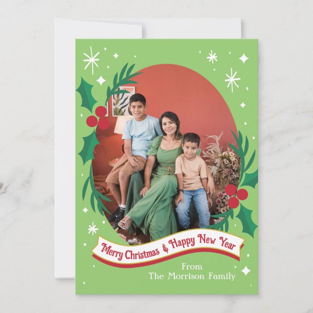 Cartões de Natal com Foto Retro de Azevinho e Frut (Frente)