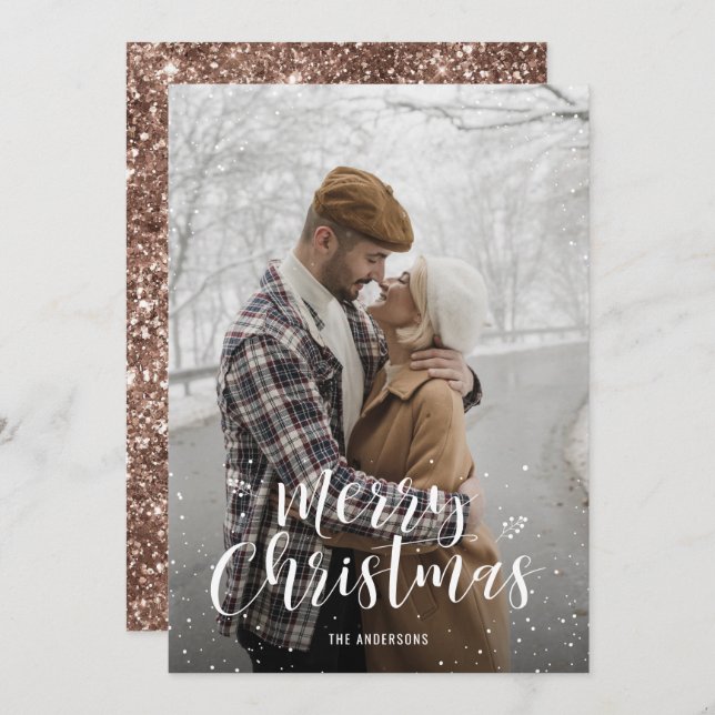 Cartões de Natal com Fotografias Glitter Douradas  (Frente/Verso)