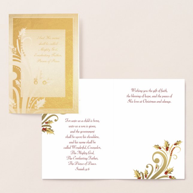 Cartões de Natal Cristãos Dourados Vermelhos Holly (Exibição)