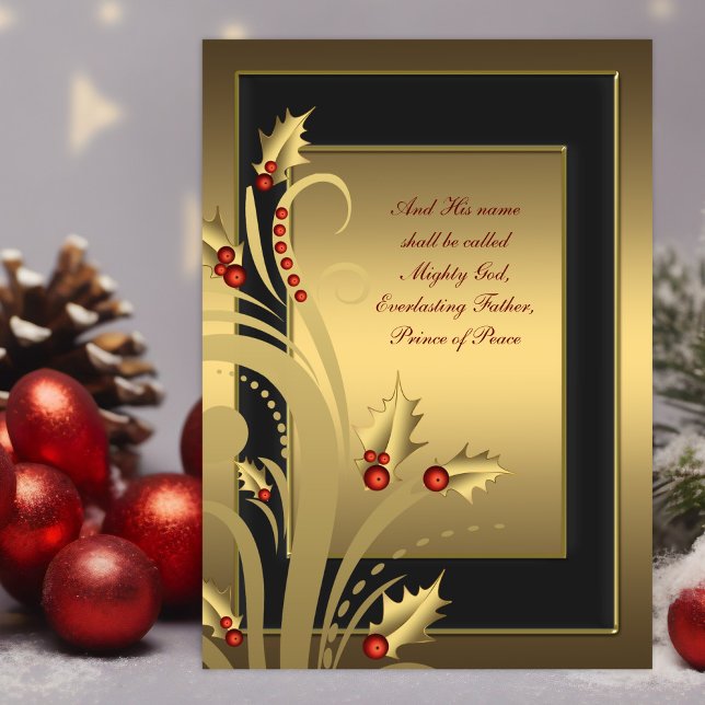 Cartões de Natal Cristãos Holly Gold Black (Christian Christmas card with red and gold holly on a black and gold background with scriptures.)