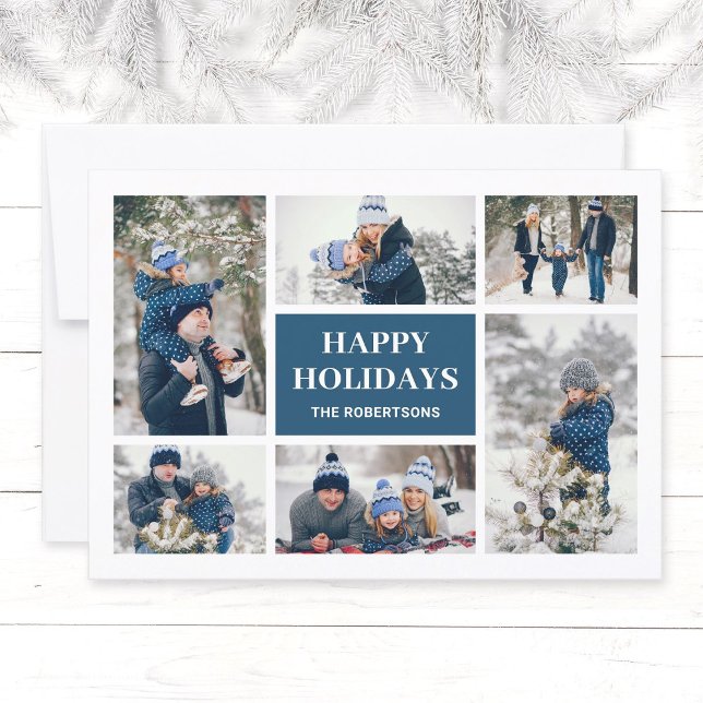 Cartões de Natal de 8 Fotografias Minimalistas Mod (Modern, elegant family in winter photo collage Christmas greeting card in teal blue, Happy Holidays.)