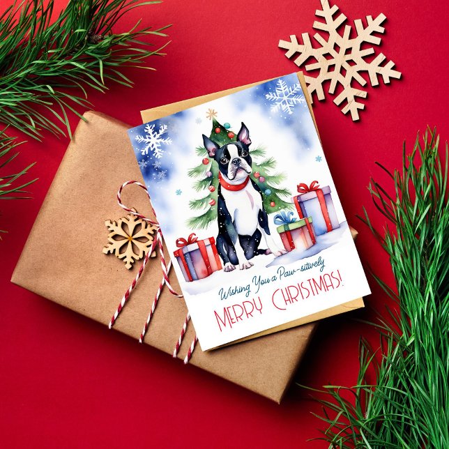 Cartões de natal de Boston Terrier para pessoas de (Boston Terrier Christmas greetings postcard watercolor cute puppy by Christmas tree with gifts)