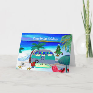 Cartões de Natal de camping retrô vintage na praia
