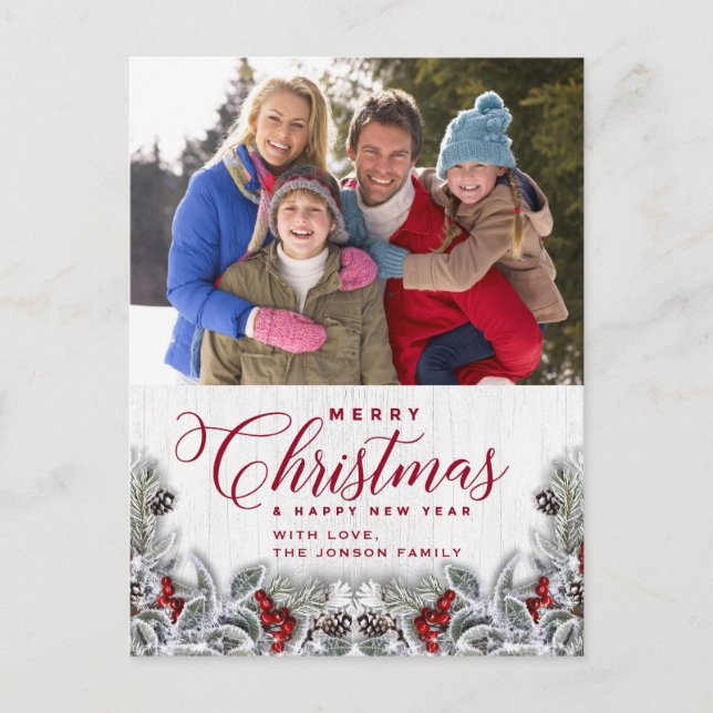 Cartões de natal de Foto Rustic de Natal Holly Pin (Frente)