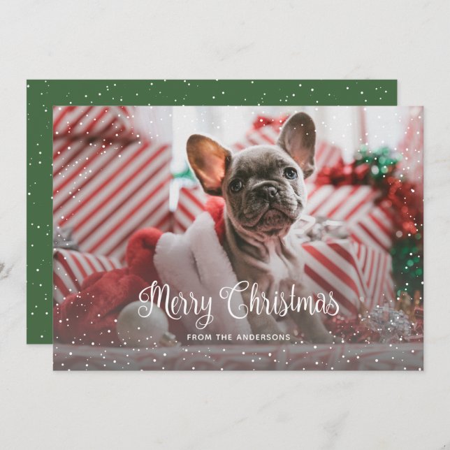 Cartões de Natal de Foto Verde Snowy (Frente/Verso)