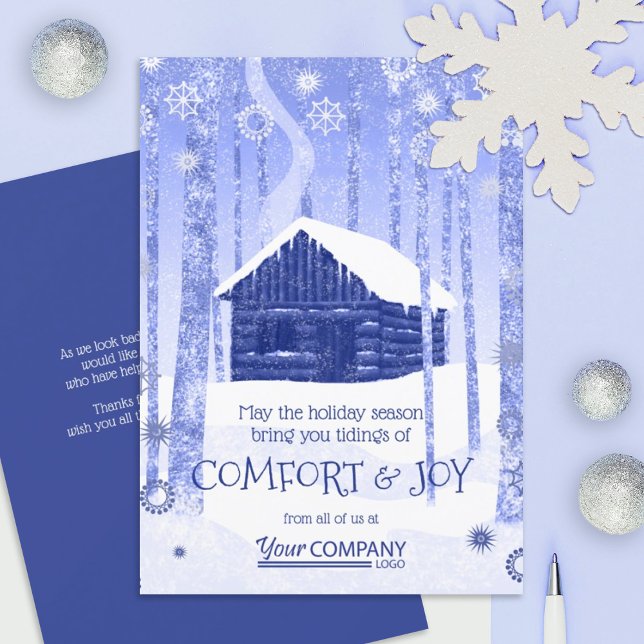 Cartões de natal de Negócios de Cabine de Log Azul (blue company Christmas greeting cards for clients & employees, blue business logo holiday cards)