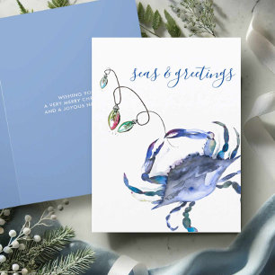 Cartões de Natal de Praia Caranguejo Aquarela Azul