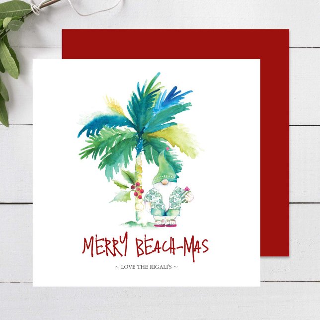 Cartões de Natal de praia tropical (Tropical beach Christmas cards feature unique palm tree & elf watercolor art by Victoria Grigaliunas)