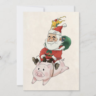 Cartões de Natal do Papai Noel montado em um porco