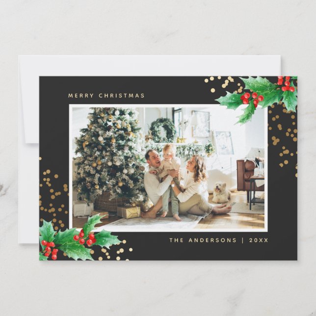 Cartões de Natal Dourados com Holly Fotografias (Frente)