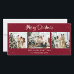 Cartões de Natal Elegante Red Snowy<br><div class="desc">Foto vermelha e personalizada Elegante Cartões de Natal Feliz com uma colagem fotográfica e neve caindo em um fundo vermelho. Personalize facilmente este cartão de Natal vermelho,  com a letra manuscrita,  com as suas imagens favoritas e um nome de família.</div>