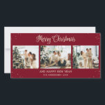 Cartões de Natal Elegante Red Snowy<br><div class="desc">Foto vermelha e personalizada Elegante Cartões de Natal Feliz com uma colagem fotográfica e neve caindo em um fundo vermelho. Personalize facilmente este cartão de Natal vermelho,  com a letra manuscrita,  com as suas imagens favoritas e um nome de família.</div>