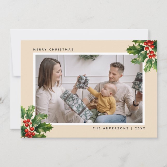 Cartões de Natal Elegante Watercolor Holly Photo (Frente)