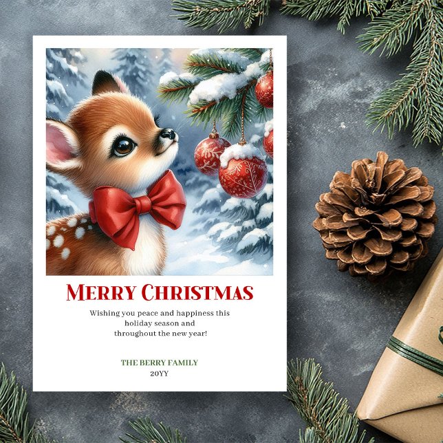 Cartões de Natal em Aquarela com Cena de Natal de  (Stylish Baby Fawn Christmas Scene Watercolor Greeting Card

)