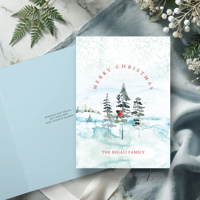 Cartões de Natal em Floresta de Neve Aquarela (non-photo folded Merry Christmas cards watercolor winter forest blue)